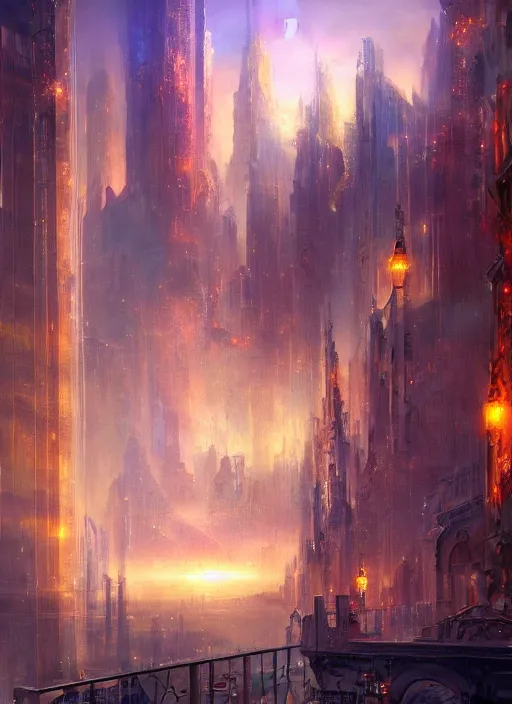 Image similar to ethereal starlit city of magic lost in time at sunset, art station, italian futurism, matte painting, johan grenier, hd, digital painting