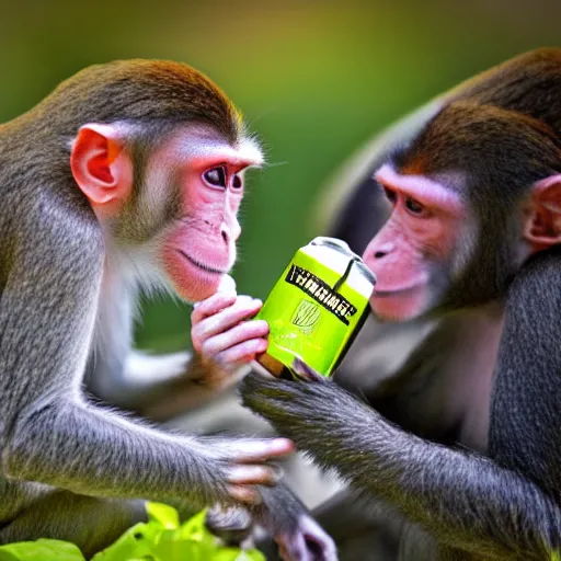 Image similar to monkey drinking monster energy, high quality photo