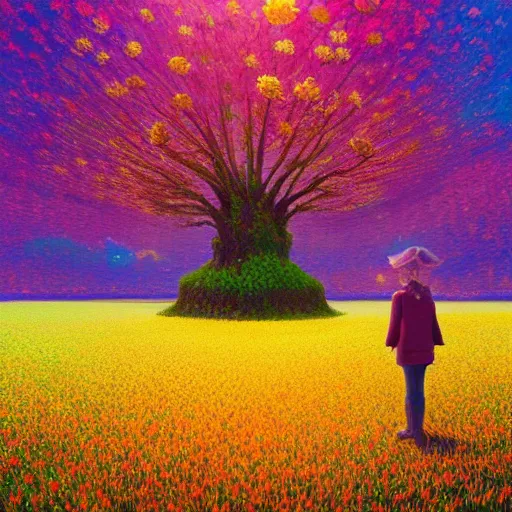 Prompt: girl made from surreal flowers, standing in flower field, surreal photography, big trees, sunrise dramatic light, impressionist painting, colorful clouds, digital painting, pointillism, artstation, simon stalenhag