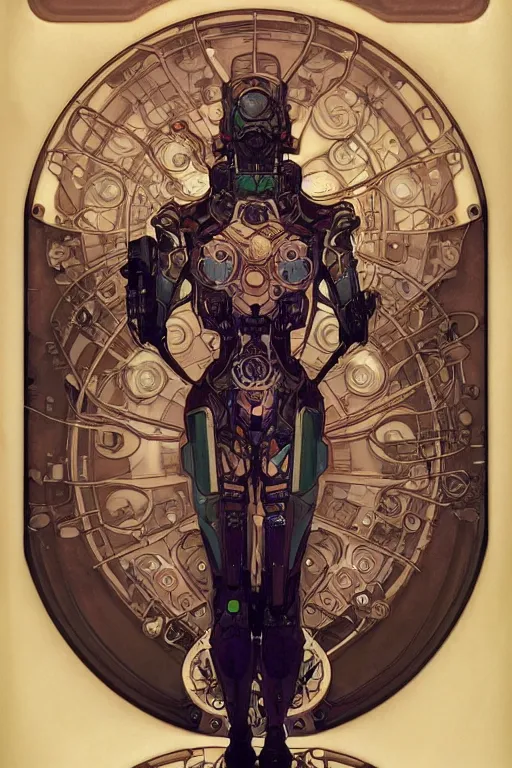 Prompt: realistic detailed portrait of a mecha cyberpunk! goddess by Alphonse Mucha, Charlie Bowater, Art Nouveau cyberpunk! style, mechanical accents!, mecha plate armor, glowing LEDs, flowing wires with leaves, rich deep moody colors