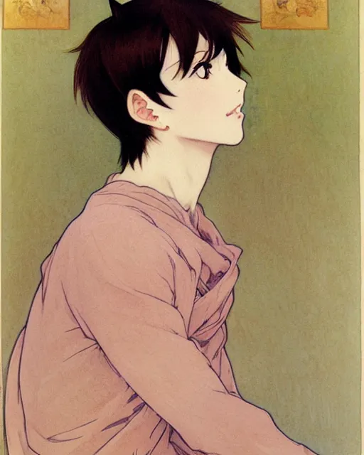 Prompt: A watercolor very frontal portrait of a beautiful anime skinny dark tanned catboy with short cream colored hair and fennec ears on top of his head wearing a white sweater, elegant, delicate, soft lines, higly detailed, smooth , pixiv art, ArtStation, pink hue, artgem, art by alphonse mucha charles reid mary cassatt jose royo and shirow masamune, high quality