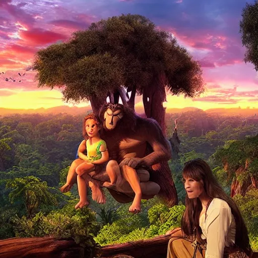 Image similar to Disney's Tarzan watching sunset with beautiful clouds