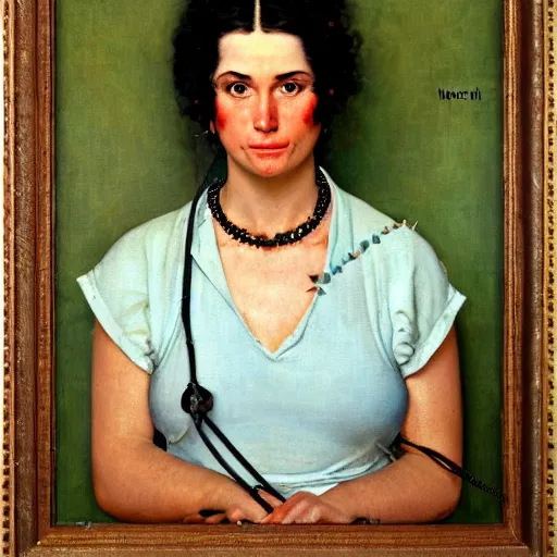 Image similar to Front portrait of an amused woman with black hair and ice blue eyes, wearing a spiked necklace and an orange tank top. A painting by Norman Rockwell.