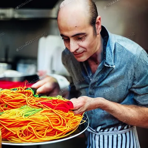 Image similar to italian chef cooking a plate of colorful yarn like spaghetti