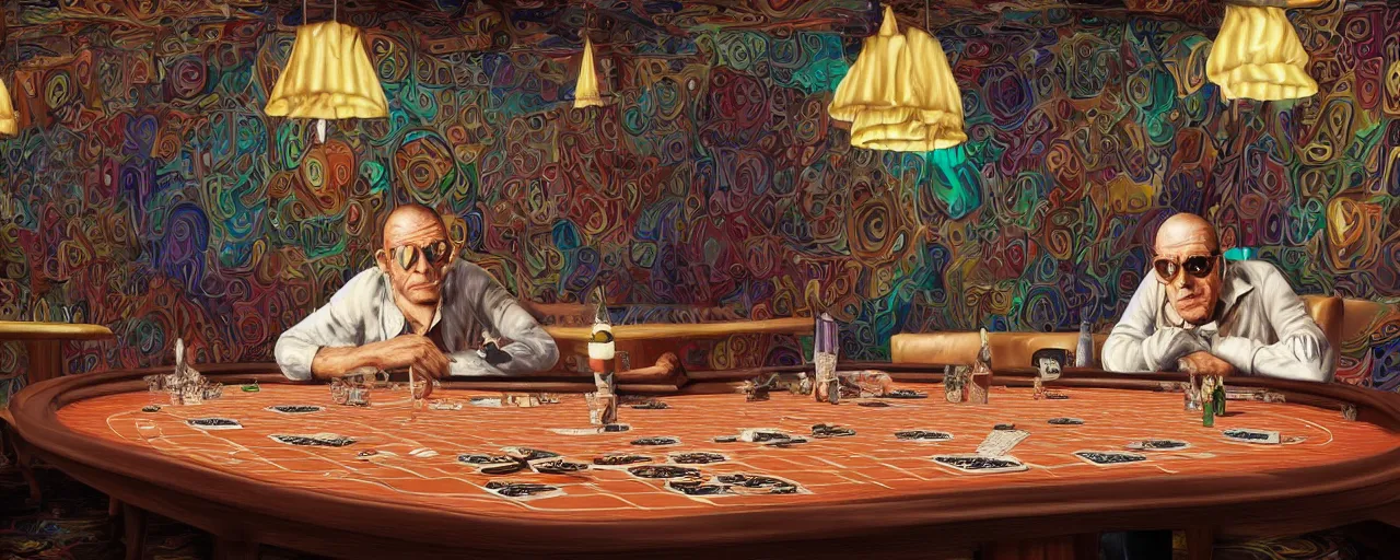 Image similar to hunter s thompson sitting at a 1 9 6 0's poker table in a melting casino with dripping woodtextured walls, by igor morski, by josip csoor, by laurie lipton, rendered in lumion, 8 k resolution, psychedelic lighting, shrooms, muted color scheme, lsd, trending on artstation