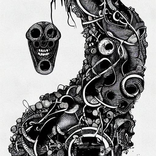 Prompt: black and white illustration creative design, monster, body horror