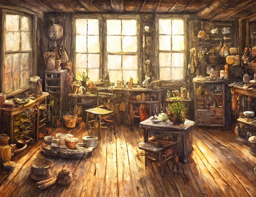 Image similar to expressive rustic oil painting, interior view of a cluttered herbalist cottage, waxy candles, cabinets, wood furnishings, herbs hanging, wood chair, light bloom, dust, ambient occlusion, morning, rays of light coming through windows, dim lighting, brush strokes oil painting