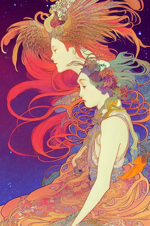 Image similar to a beautiful hyperdetailed animal character design 4 k wallpaper illustration of phoenix, victo ngai style, alfons mucha ， from china, style of studio ghibli, chinese style