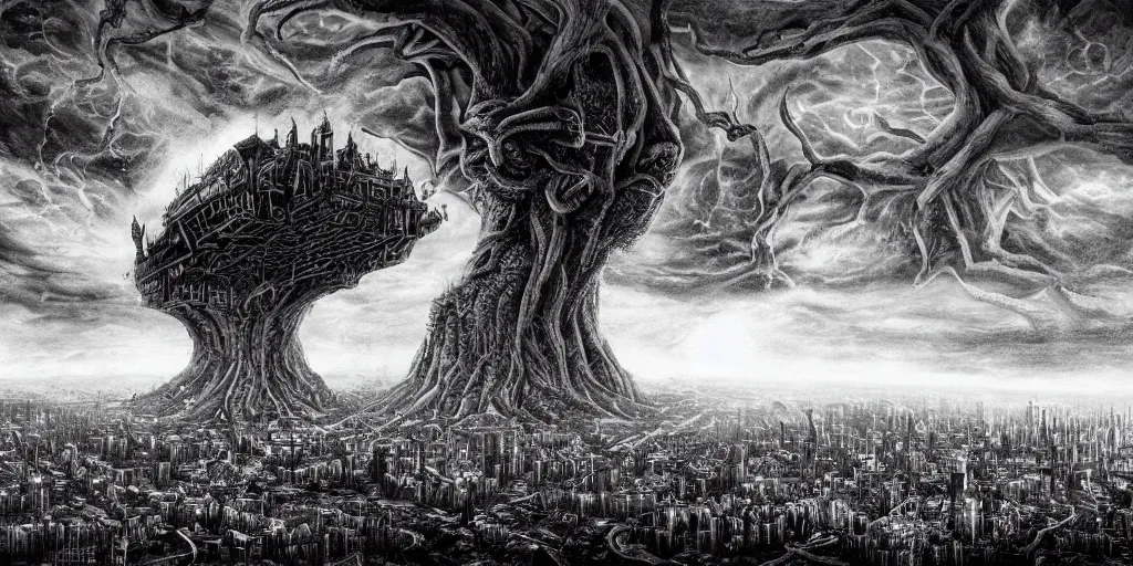 Prompt: huge lovecraftian horror, above the city, on a darkling plain, drawn by nicholas delort!! graphic black and white, low camera, wide angle, centered composition, golden ratio