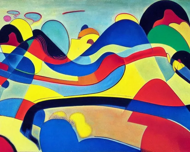 Image similar to A wild, insane, modernist landscape painting. Wild energy patterns rippling in all directions. Curves, organic, zig-zags. Saturated color. Mountains. Clouds. Rushing water. Wayne Thiebaud. Kandinsky.