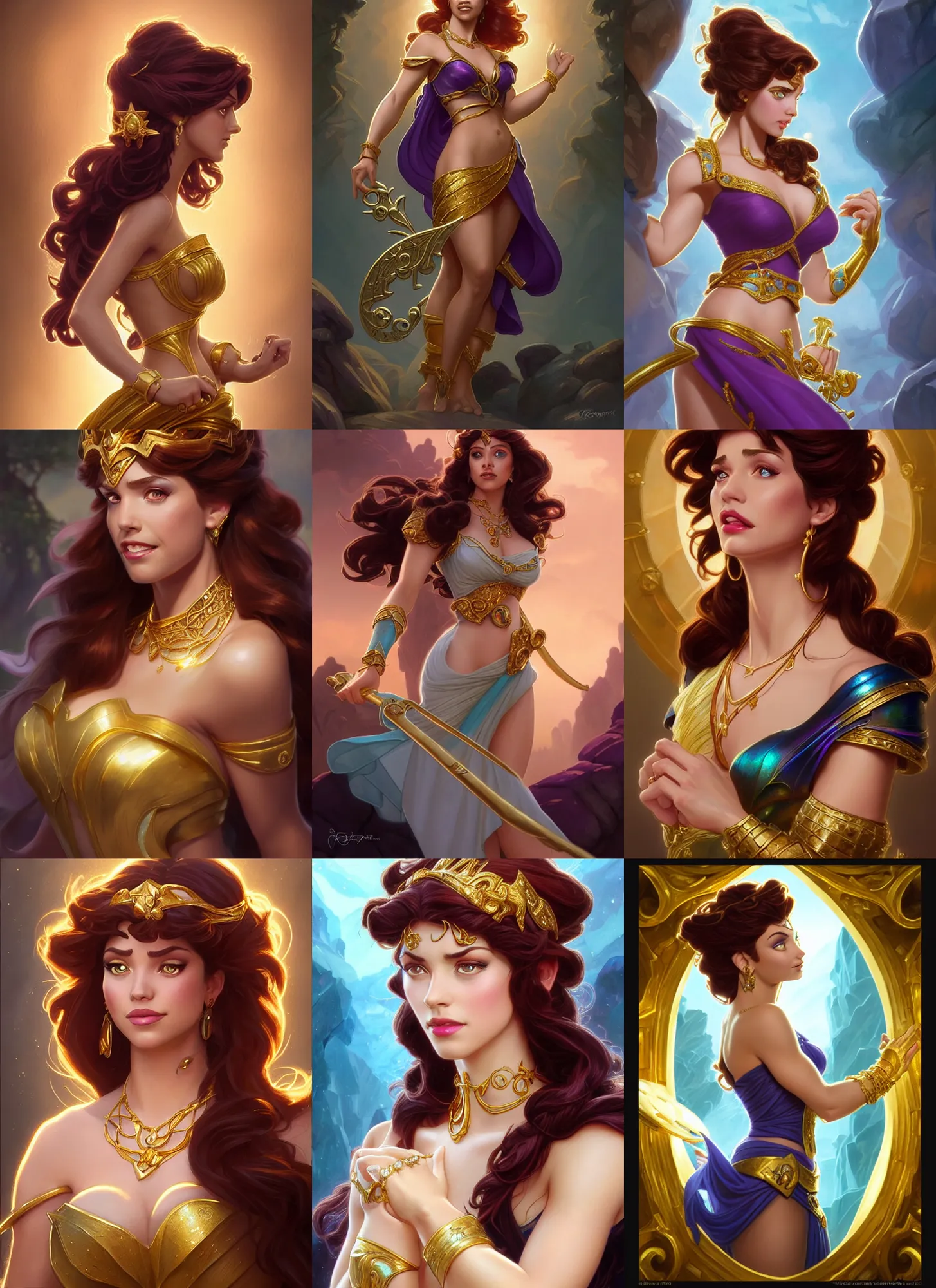 Prompt: megara from disney's hercules, iridescent and gold and crystal jewelry, d & d, fantasy, intricate, elegant, highly detailed, digital painting, artstation, concept art, matte, sharp focus, illustration, hearthstone, art by artgerm and greg rutkowski and alphonse mucha