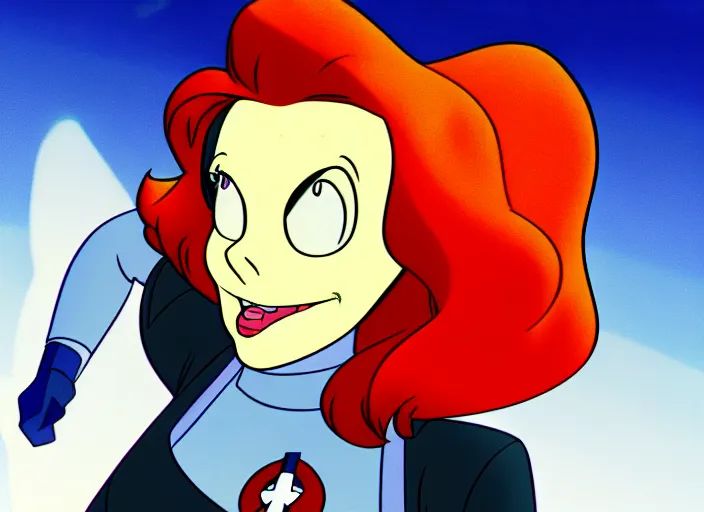 Image similar to dana scully on the real ghostbusters, shaded animation cel, anime, sharp detail, animation cel, thin linework, in the style of don bluth, bruce timm, stephen silver, studio trigger, 5 k, hd