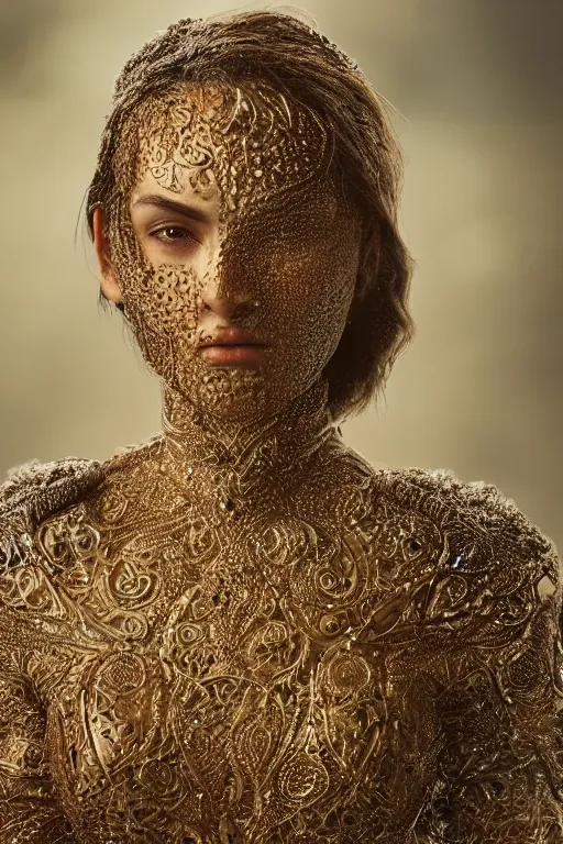 Image similar to full shot of a regal brown woman wearing an intricate and detailed armor made of dew drops. multiple layers. reflections. morning dew. textures. delicate. translucent. studio portrait. photorealistic. octane render