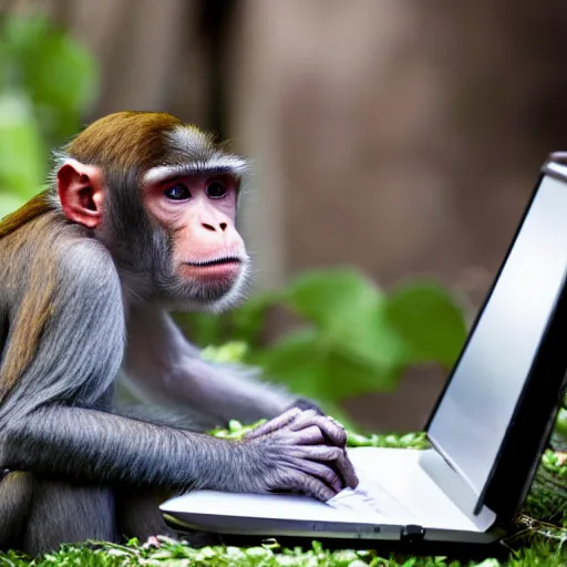 Prompt: a monkey trying to understand how a computer work