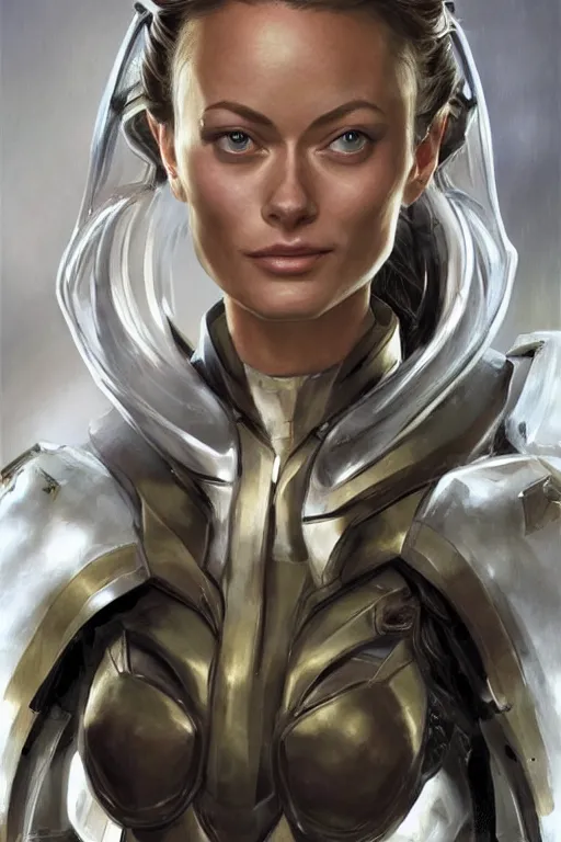 Image similar to a professional painting of a young Olivia Wilde, clothes in military armor, olive skin, long dark hair, beautiful bone structure, symmetrical facial features, intricate, elegant, digital painting, concept art, smooth, sharp focus, illustration, from StarCraft by Ruan Jia and Mandy Jurgens and Artgerm and William-Adolphe Bouguerea