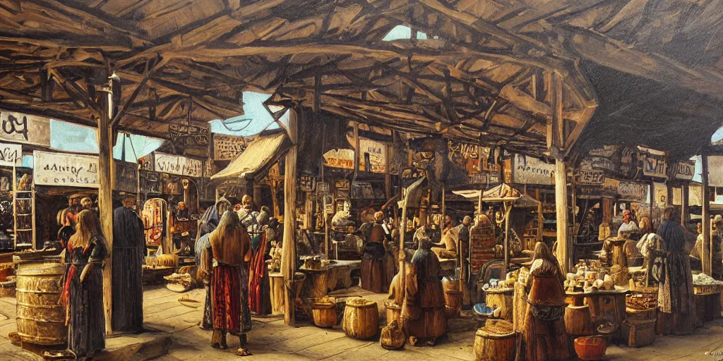 Image similar to Highly detailed viking period oil painting of aviking market, strong atmosphere, oil painting masterpiece by Josep Tapiró Baró, symmetry, fractals