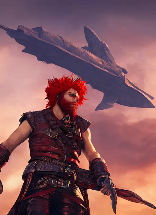 Image similar to An epic fantasy comic book style portrait painting of a red headed male sky-pirate in front of an airship, unreal 5, DAZ, hyperrealistic, octane render, cosplay, RPG portrait, dynamic lighting