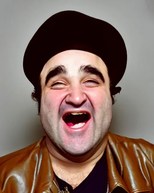 Prompt: headshot of a crazed smiling, mouth ode open, john belushi, he is wearing a leather bomber cap on his head, he is also wearing an a 2 flight jacket, a long white wool scarf is wrapped around his neck, he has a 5 o'clock shadow