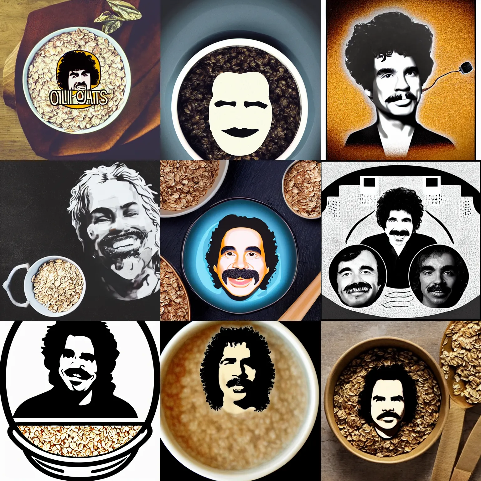 Prompt: a bowl of oats with the face of musician john oates floating in the middle, face icon, stylized, minimalist, hyper realistic