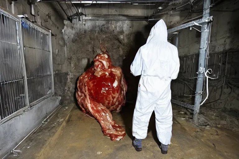 Image similar to a man in a hazmat suit looks on helplessly as a drippy meat monster grows out of control in a creepy underground lab