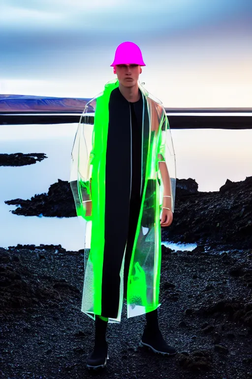 Image similar to an ultra high definition professional high fashion portrait studio full length photograph of a male model wearing a transparent pearlescent raincoat and neon visor in an icelandic black rock environment at dawn. no artefacts. extremely detailed. stark. refraction. shallow depth of field. volumetric light and shadow. ray tracing. light rays.