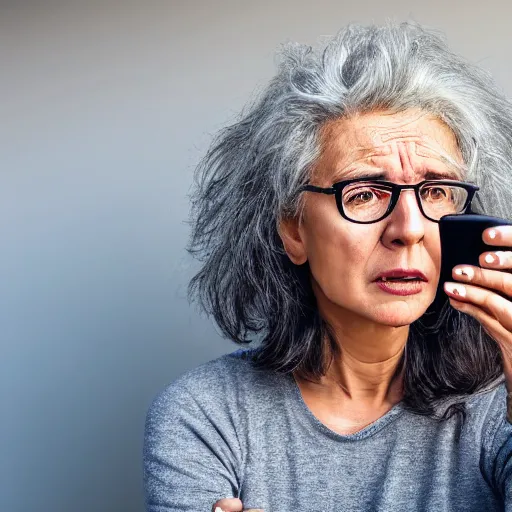 Image similar to astonished and angry middle aged lady looking at smartphone, wild hair, greek ethnicity, straight grey hair, angry eyes, photo, realistic, outdoor lighting, 4 k, 8 k, hd, 3 9 mm lens