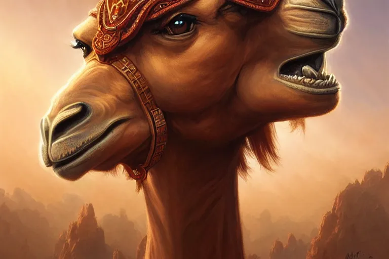 Image similar to triple headed camel, 1 0 0 1 night, deep focus, d & d, fantasy, intricate, elegant, highly detailed, digital painting, artstation, concept art, matte, sharp focus, illustration, hearthstone, art by artgerm and greg rutkowski and alphonse mucha