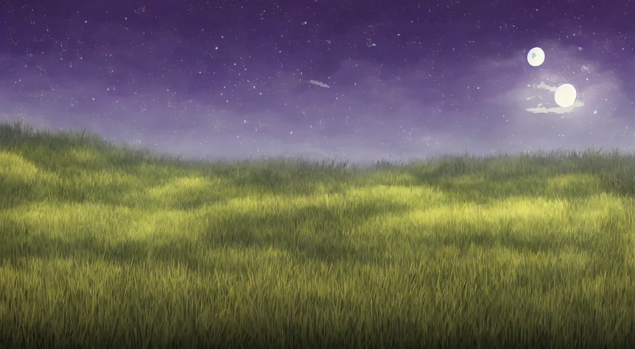 Prompt: Moonlit grassy field at night in anime style, trending on Artstation