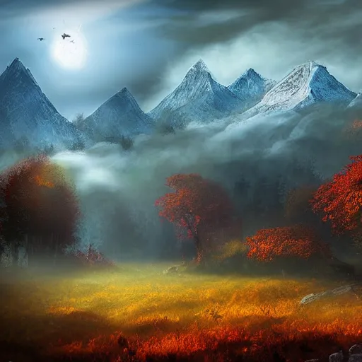 Prompt: Epic Autumn Fantasy Scenery by John Stephans