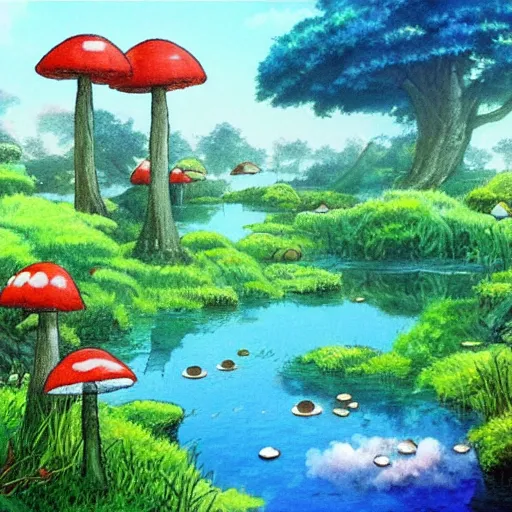 Prompt: a beautiful lake with cute little mushrooms growing around it, fantasy art, 2 d, by studio ghibli