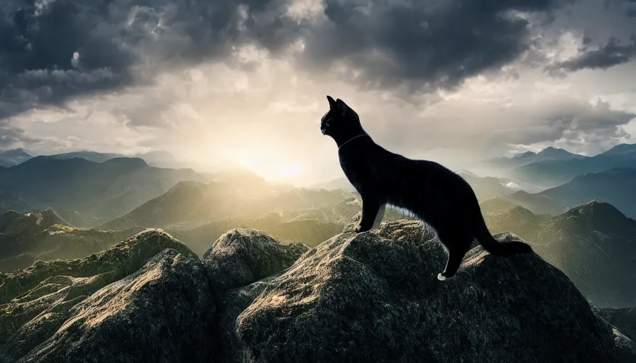 Prompt: a cat standing on the peak of a mountain range, looking far, digital art, epic lighting, epic composition, 4 k