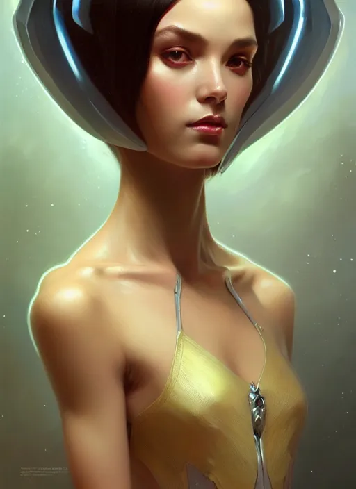 Image similar to a full body fashion photography of alien female girl, intricate, elegant, highly detailed, digital painting, artstation, concept art, smooth, sharp focus, illustration, art by artgerm and greg rutkowski and alphonse mucha, 8 k