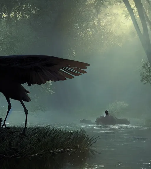 Image similar to three crows in a little boat in a swamp, volumetric lighting, majestic light, octane render, ethereal glare of the sun, hyperrealistic, epic, masterpiece, by greg rutkowski