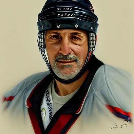 Image similar to 2005 portrait of hockey coach Lou Vairo, fantasy, intricate, elegant, highly detailed, digital painting, artstation, concept art, smooth, sharp focus, luxury fashion illustration, art by artgerm and greg rutkowski and alphonse mucha, brightly lit cinematic soft lighting, photorealistic