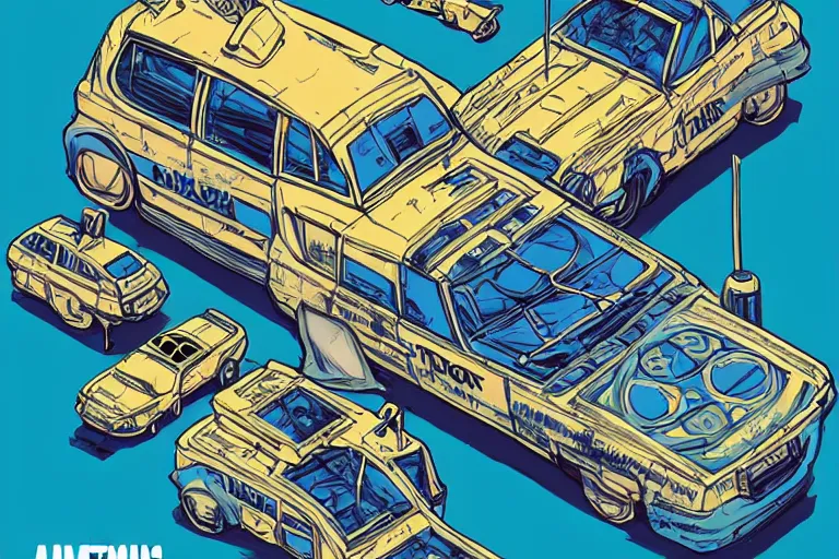 Prompt: cell shaded!! Taxi cab infront of a blue background, isometric, as Borderlands 3 concept art, llustration, concept art by Laurie Greasley, highly detailed, sharp focus,alien, HQ, 4K ,art by Laurie Greasley