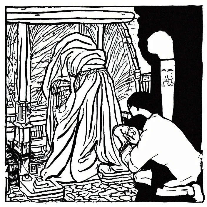 Image similar to a still frame from comic strip a person praying in the temple 1 9 9 0, new yorker illustration, monochrome contrast bw, lineart, manga, simplified