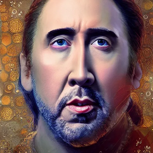 Image similar to nicolas cage is a disney princess, au naturel, hyper detailed, digital art, trending in artstation, cinematic lighting, studio quality, smooth render, unreal engine 5 rendered, octane rendered, art style by klimt and nixeu and ian sprigger and wlop and krenz cushart.