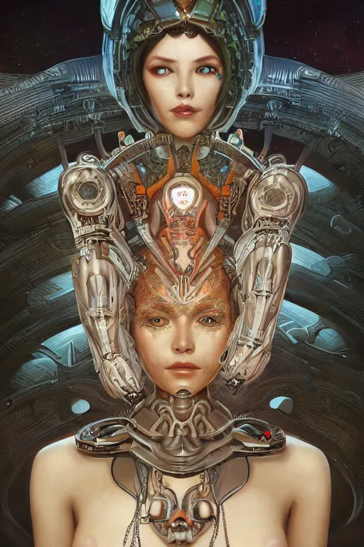 Image similar to An Alien Robot concubine, facial tattoos, artists portrait, biomechanical, oppai, fantasy, highly detailed, photograph, concept art, sharp focus, depth of field blur, illustration, art by artgerm and greg rutkowski and alphonse mucha and trevor brown