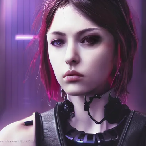 Image similar to realistic female character cyberpunk wearing technological collar around neck, realistic, art, beautiful, 4K, collar, choker, collar around neck, punk, artstation, detailed, female, woman, choker, dark, collar, choker,