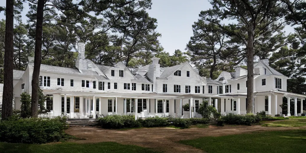 Prompt: grey brick wooden cape cod with pine trees and tile white black mansion by mcalpine house, by jackson & leroy architects