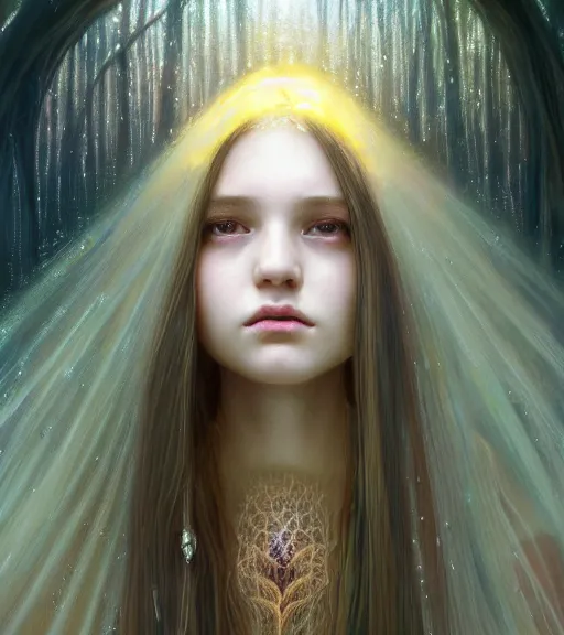 Image similar to portrait of teenage queen, long opalescent glistening wet hair made mycelium, blind frosted eyes, peaceful expression, bone jewelry, intricate, elegant, gem jewelry, mushroom cave, glowing lights, highly detailed, digital painting, artstation, concept art, smooth, sharp focus, illustration art by wlop, mucha, artgerm, and greg rutkowski