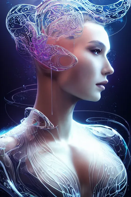 Image similar to a centered profile render of an alluring futuristic goddess with digital modifications surrounded by a underwater ink pour and flowing liquid gallium and complex sacred geometry, perfect body and face, powerful, cinematic, beautifully lit, by artgerm, by karol bak, 3 d, trending on artstation, octane render, 8 k