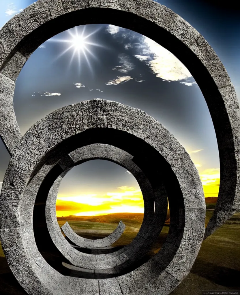 Image similar to stargate made of stone that form a circle, cinematic view, epic sky