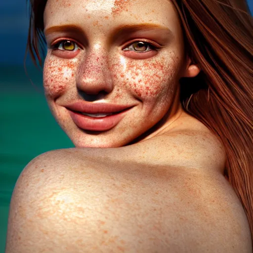 Image similar to portrait of a cute thin young woman, bronze brown hair, eye color is emerald green, red blush, a few freckles, smug smile, modern clothes, relaxing on the beach, golden hour, close up shot, 8 k, art by irakli nadar, hyperrealism, hyperdetailed, ultra realistic