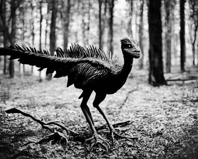 Prompt: hyper realistic vintage photograph of a real feathered velociraptor in a forest, ultra detailed, grain, old, monochrome, sepia toned, realistic lighting, wide angle, prehistoric planet