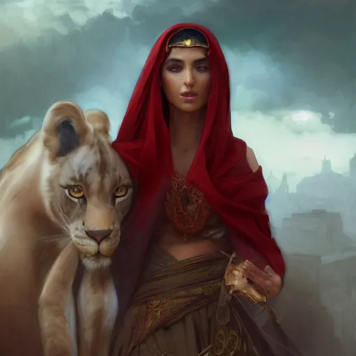 Prompt: a Photorealistic dramatic hyperrealistic render of an arab ameera al taweel, tan skin, green eyes, red hair, white veil, with a pet lion by WLOP,Artgerm,Greg Rutkowski,Alphonse Mucha, Beautiful dynamic dramatic dark moody lighting,shadows,cinematic atmosphere,Artstation,concept design art,Octane render,8K