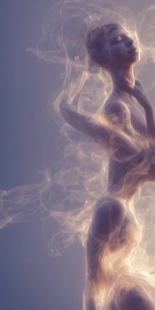 Prompt: a radiant goddess with many arms obscured by wisps of smoke and dust particles, fluid simulation, particle simulation, ephemeral, highly detailed, hyperrealism, octane render