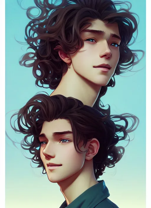 Image similar to young man with medium - length, curly, golden hair, perfectly proportioned face, aquamarine eyes, sweet smile, natural lighting, path traced, highly detailed, high quality, cartoon, digital painting, by new haicheng and ross tran and studio ghibli and alphonse mucha