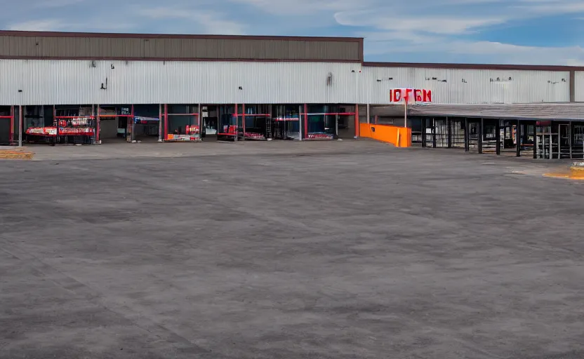 Image similar to industrial grey metal warehouse complex, large empty parking lot in front of it, in the center of the warehouse is a fast food restaurant with neon signs, sea in the background