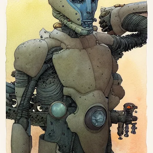 Image similar to a simple and atmospheric watercolour portrait of a pulp sci - fi alien cyborg, very muted colors, by rebecca guay, michael kaluta, charles vess and jean moebius giraud